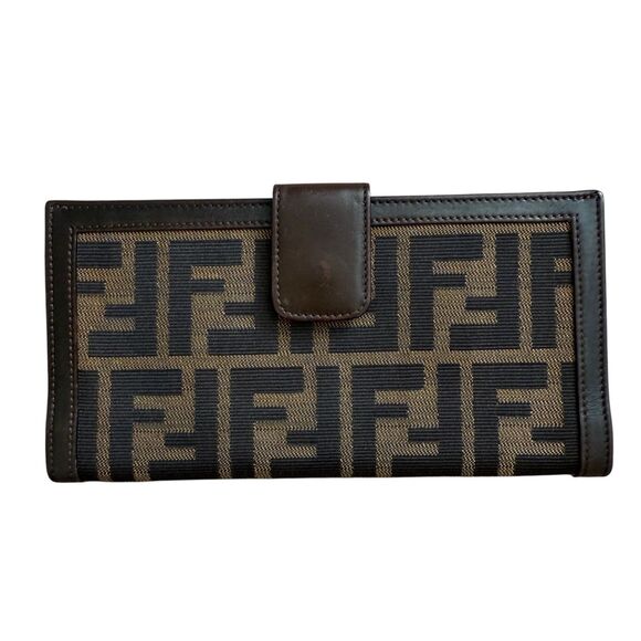 Authentic Fendi Zucca Monogram Canvas And Brown Leather Long Wallet Women’s - Picture 2 of 7